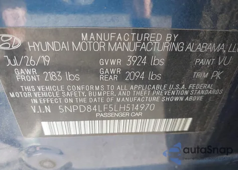 2020 Hyundai Elantra Sel z USA, uszkodzony, nr VIN 5NPD84LF5LH514970